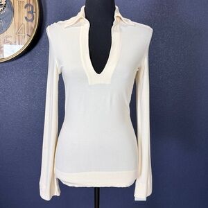 Theory Cream Collared V-Neck Knit Top | Size Small